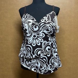 Caribbean Joe NWT Swim Tankini Top Size 16 - Chocolate Brown & White